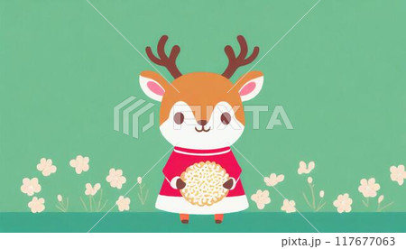 鹿せんべいを持っている鹿のキャラクター 117677063