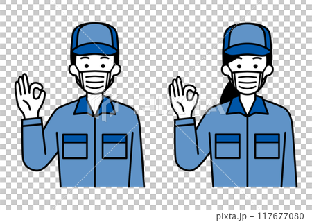 一組穿著工作服的男女戴著口罩並做出 OK 手勢 117677080
