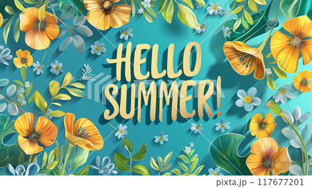 HELLO SUMMER text surrounded by flowers. Vibrant spirit and colors of summer season 117677201