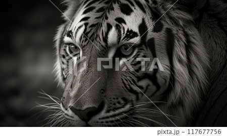 Amazing beautiful photo view of Sumatran tiger on black background, portrait of Sumatran tiger known as Panthera tigris sumatrae good for multimedia online content 117677756