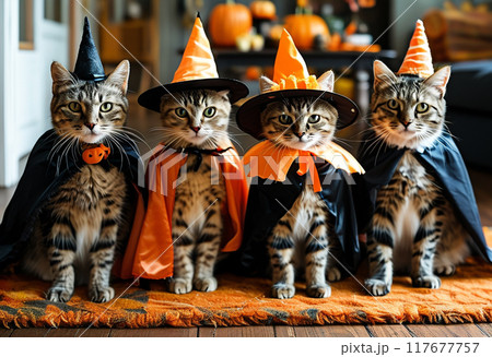 ハロウィンの仮装してパーティーに参加しようとする猫たち 117677757