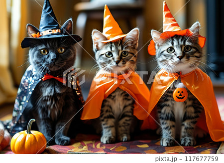 ハロウィンの仮装してパーティーに参加しようとする猫たち 117677759