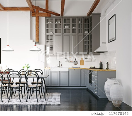 modern loft kitchen interior design. 117678143