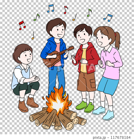 Illustration of children singing around a bonfire 117678184