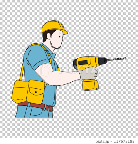 一名男性工匠和工人拿著鑽頭在建築工地工作的插圖材料 一名男性工匠和工人拿著鑽頭在建築工地工作的插圖材料 117678188