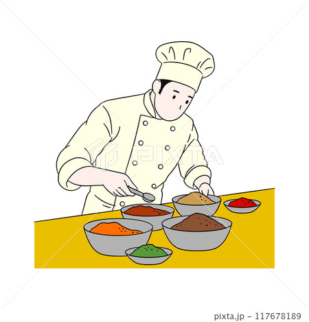スパイスを調合する男性料理人のイラスト素材 スパイスを調合する男性料理人のイラスト素材 117678189