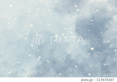 淡いブルーの空に白い雪が降る水彩背景 117678387
