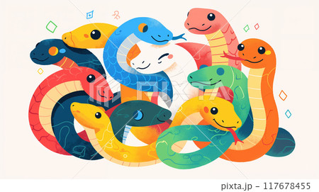 カラフルな模様の蛇たち カラフルな模様の蛇たち 117678455