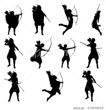 Female archer huntress silhouette set Female archer huntress silhouette set 117678528