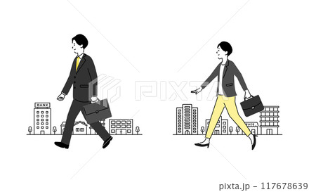 通勤するビジネスパーソンのイラスト スーツ姿の男性と女性が街を歩くシーン 通勤するビジネスパーソンのイラスト スーツ姿の男性と女性が街を歩くシーン 117678639