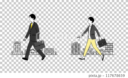 Illustration of a business person commuting to work: A man and woman in a suit walking down the street 117678639