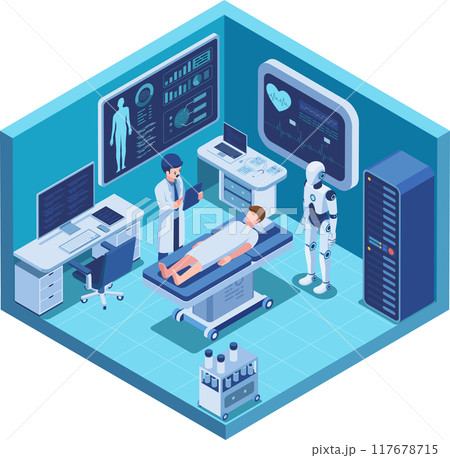 Isometric Doctor examines a patient with Ai Diagnostics and Robot 117678715