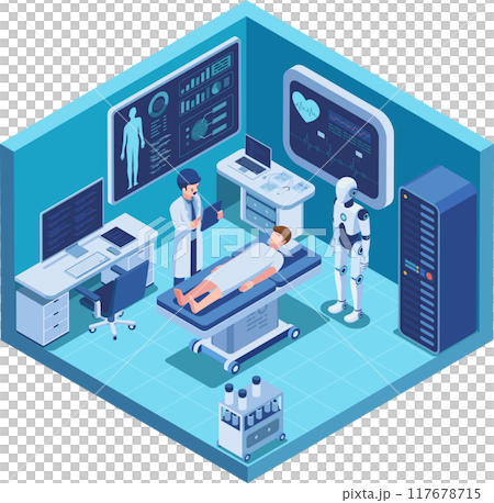 Isometric Doctor examines a patient with Ai Diagnostics and Robot Isometric Doctor examines a patient with Ai Diagnostics and Robot 117678715