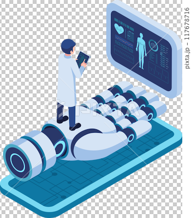 Isometric Doctor on AI Robotic hand Displaying Health Data 117678716