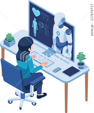 Isometric Woman Consult with an Advanced Healthcare AI Robot 117678717