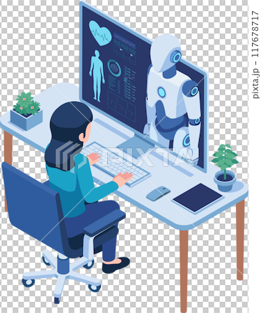 Isometric Woman Consult with an Advanced Healthcare AI Robot 117678717