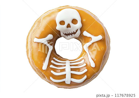 AI-generated item. Halloween donut with sugar skeleton isolated on a white background. 117678925
