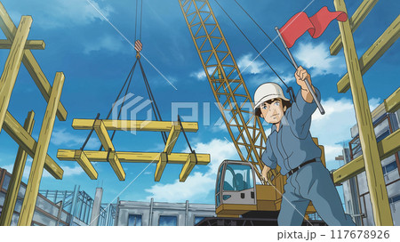 建築現場で枠組みを吊り上げるクレーン 117678926