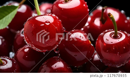 Fresh sweet red cherries are small, juicy fruits with a vibrant red hue color, bursting with sweet flavor, they're a summertime favorite, perfect for snacking, AI Generated Fresh sweet red cherries are small, juicy fruits with a vibrant red hue color, bursting with sweet flavor, they're a summertime favorite, perfect for snacking, AI Generated 117678935