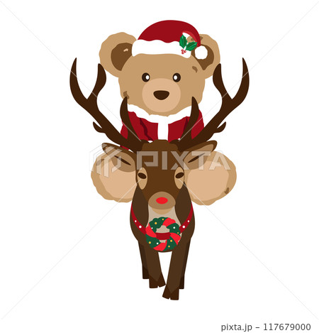 トナカイに乗ったサンタの衣装のクマのぬいぐるみのイラスト 117679000