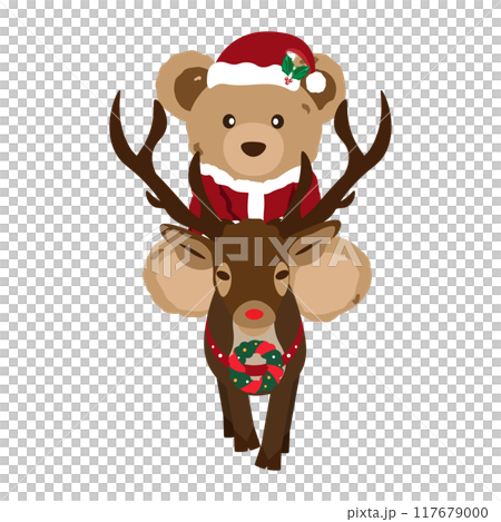 Illustration of a teddy bear in a Santa costume riding a reindeer 117679000