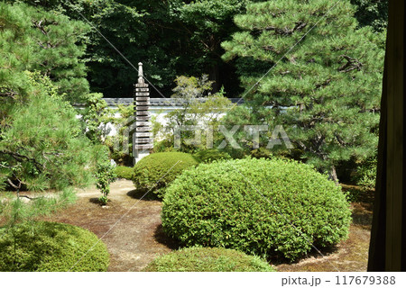 随心院 本堂と奥書院を結ぶ渡り廊下から見る十三重石塔と庭園 夏 随心院 本堂と奥書院を結ぶ渡り廊下から見る十三重石塔と庭園 夏 117679388