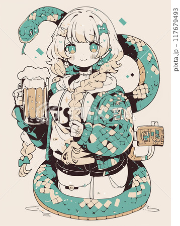 ビールを持つ女の子と大蛇 117679493