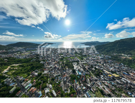 Phuket Thailand patong bay. Panorama landscape nature view from Drone camera. Aerial view of patong city in phuket thailand. Beautiful sea in summer sunny day time 117679578