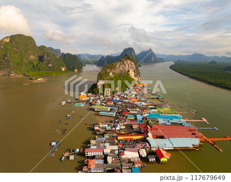 Aerial view of Panyee island in Phang Nga Thailand,Wide angle landscape Floating village, Koh Panyee fishing village island in Phang Nga, Thailand 117679649