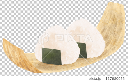 Rice balls served on bamboo skin, watercolor touch 117680053