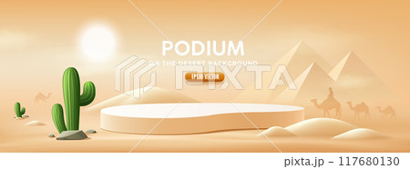 Podium desert summer, green cactus, camel, pyramid, on sand desert, the sun shines banner design  117680130