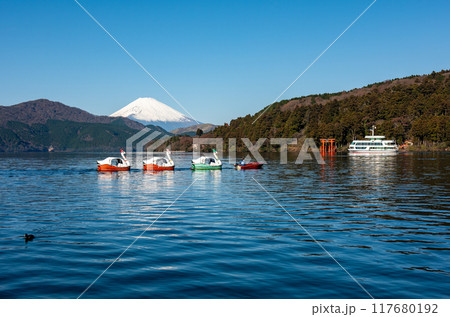 富士山の前を横切る白鳥のボート 富士山の前を横切る白鳥のボート 117680192