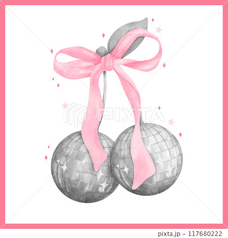 Trendy Groovy Disco Ball Cherries Coquette Watercolor with pink Ribbon bow Retro Style 117680222