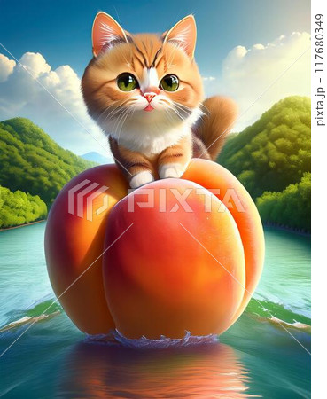 川から流れてくる大きな桃と猫 117680349