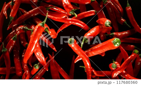 Hot red chilli peppers flying on black background. 117680360