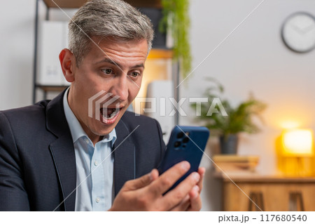 Happy amazed young Caucasian freelancer working on smartphone shocked by sudden victory at home 117680540