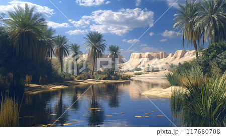 オアシスの風景と砂漠の風景 117680708