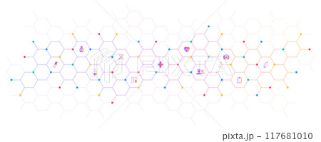 Medical background and healthcare technology with flat icons and symbols. Concept and idea for health care business, innovation medicine, health safety, science, medical research, and development. 117681010