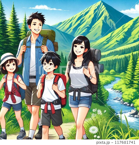 ハイキングする親子 117681741
