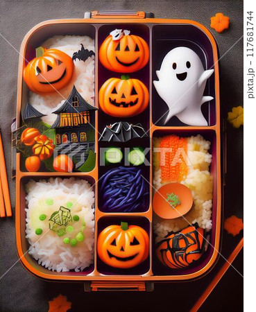 ハロウィンのデザインを加えた日本製お弁当 117681744