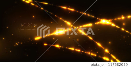 Glowing gold dot with flare lighting effect on dark brown background. 117682039
