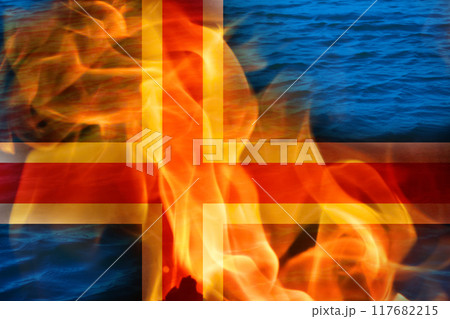 ire and destruction during Iceland's volcanic crisis, dramatic landscape with flames and lava. Iceland flag with flame and fire ire and destruction during Iceland's volcanic crisis, dramatic landscape with flames and lava. Iceland flag with flame and fire 117682215