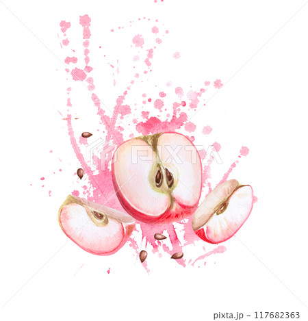 Ripe apple slices on bright splashes background. Isolated watercolor illustration for farm fruit design, agricultural fairs, organic product packaging. Harvesting in orchard 117682363