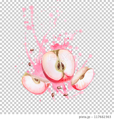 Ripe apple slices on bright splashes background. Isolated watercolor illustration for farm fruit design, agricultural fairs, organic product packaging. Harvesting in orchard 117682363