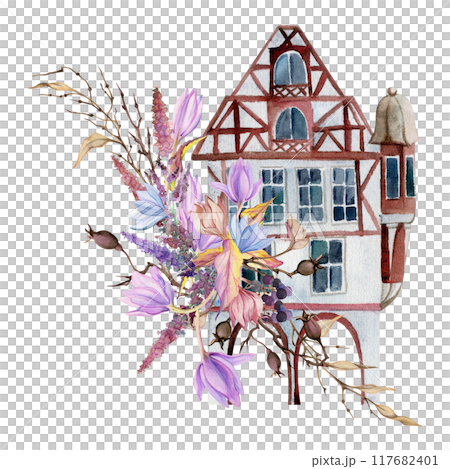 Old European city town street houses facades, lavender crocus flowers twigs. Historical cityscape building. Watercolor hand drawn illustration. Tourist shops, souvenirs, travel brochures, real estate Old European city town street houses facades, lavender crocus flowers twigs. Historical cityscape building. Watercolor hand drawn illustration. Tourist shops, souvenirs, travel brochures, real estate 117682401