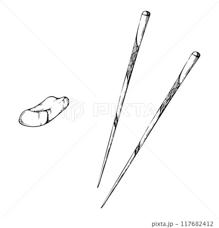 Japanese Chinese pair of chopsticks with rest, wood bamboo plastic lacquered utensils for eating cooking, vector pen ink hand drawn. Illustration for restaurant, cafe menu, kitchen print, recipe book 117682412