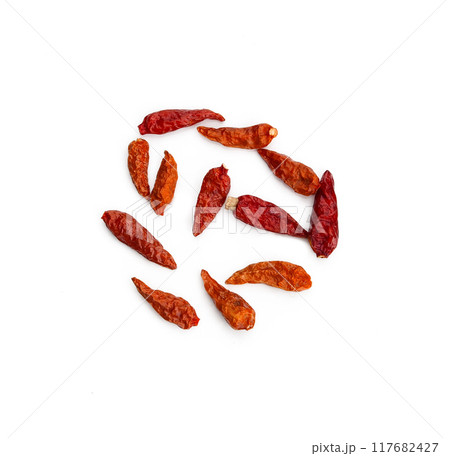 Dried red Karen chili is traditional Asia chili (Prik Ka Reang) on white background 117682427
