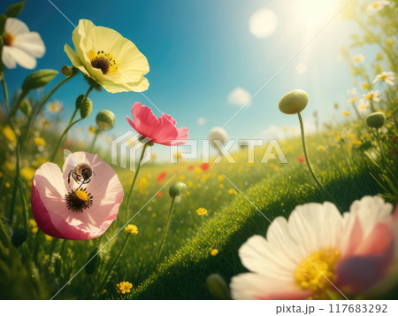 A meadow of blooming wild flowers attracting bees and insects 117683292
