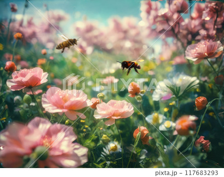 A meadow of blooming field poppies attracting bees and insects 117683293