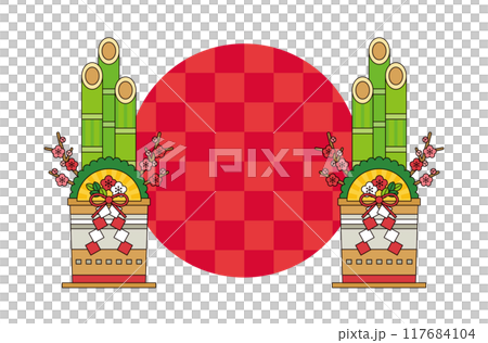 新年門松和紅色圓形格子框背景材料插圖_畫線 117684104